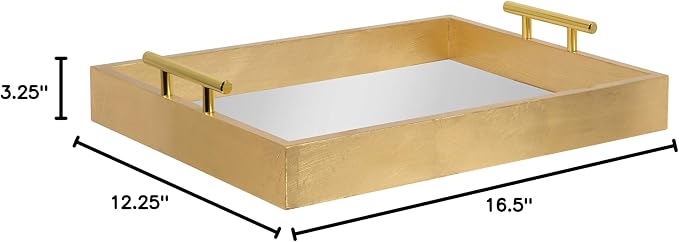 Kate and Laurel Lipton Decorative Mirror Tray with Polished Metal Handles, Gold