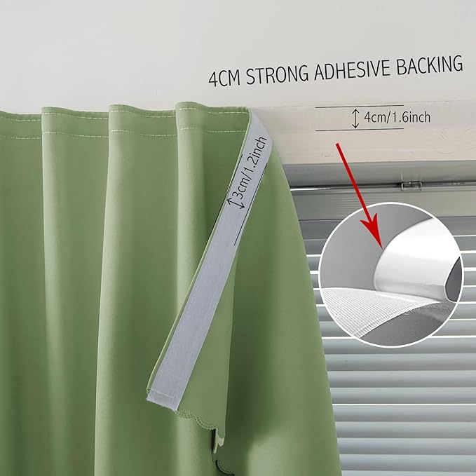 Magic Tape Blackout Curtains for Bedroom No Drillng Self Adhesive Curtains No Rod Small Window, 47" W X 71" L, Sage Green, 1 Panel