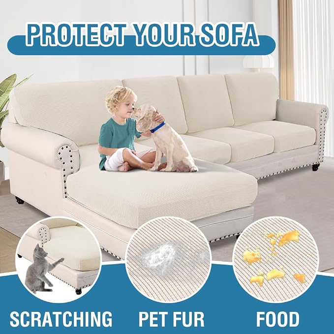 H.VERSAILTEX Sectional Couch Covers 8 Pieces Stretch Sofa Covers for Sectional Sofa Set Separate L Shaped Couch Cover for Both Left/Right Couch (Seat and Back: 1 Chaise + 3 Sofa, Ivory)