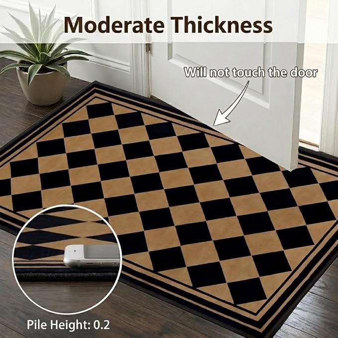 Checkered Rug 3x5, Washable Non-Slip Checkerboard Rug, Black and Tan Diamond Neutral Farmhouse Style Mat for Entryway, Kitchen, Laundry Room, Patio, Porch