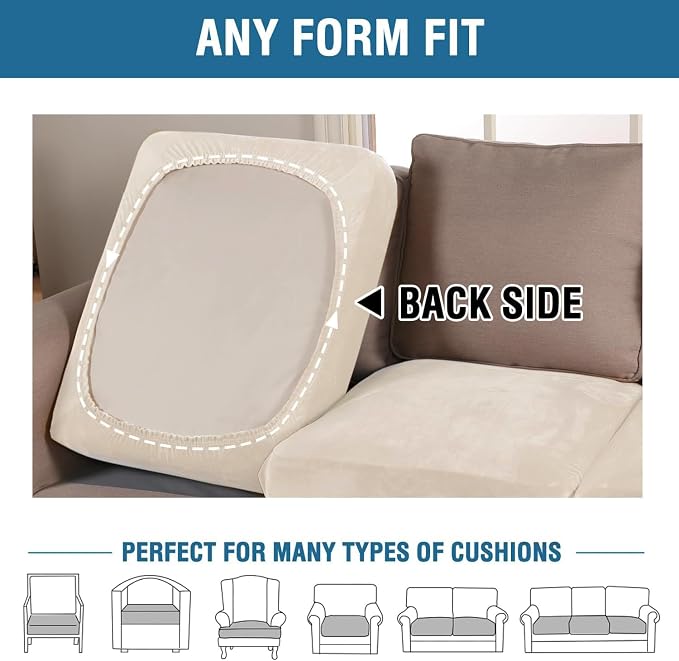 H.VERSAILTEX Velvet Stretch Couch Cushion Cover Plush Cushion Slipcover for Chair Loveseat Sofa Cushion Furniture Protector Seat Cushion Sofa Cover (2 Piece Large Sofa Cushion Covers, Cream)