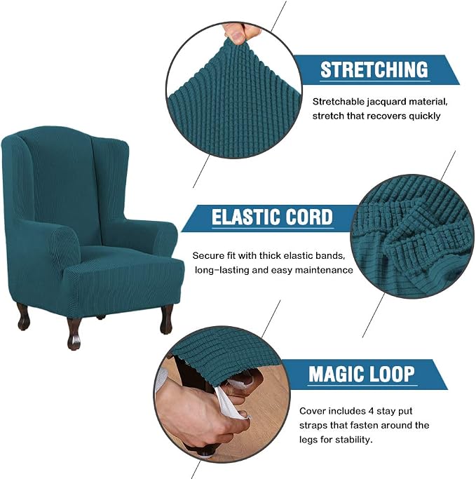 H.VERSAILTEX Wing Chair Slipcover Chair Covers for Wingback Chairs Wingback Chair Covers Slipcovers 1 Piece Stretch Sofa Cover Furniture Protector Soft Spandex Jacquard Checked Pattern, Deep Teal