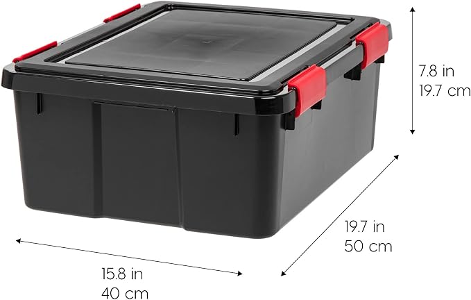 IRIS USA 4-Pack 31 Qt Storage Bins with Gasket Lids, Black/Red | WeatherPro seal protects everyday essentials in closets, offices and laundry rooms