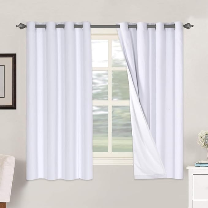 H.VERSAILTEX Linen Blackout Curtains 63 Inches Long 100% Blackout Thermal Insulated Textured Linen Look Curtain Draperies Anti-Rust Grommet, Energy Saving with White Liner, 2 Panels, Bright White