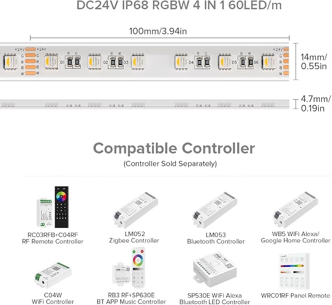 BTF-LIGHTING IP68 Waterproof Outdoor RGBW LED Strip 5050SMD RGB+Warm White(3000K-3500K) 4 Color in 1 DC24V 16.4ft 5m 60LED/m Multi-Colored Light White PCB Can Work Outdoor(No Adapter or Controller)