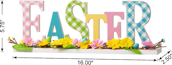 Glitzhome Plaid Wooden Easter Table Sign Decor with Flowers and Rattan, 16" L, Multi-Color
