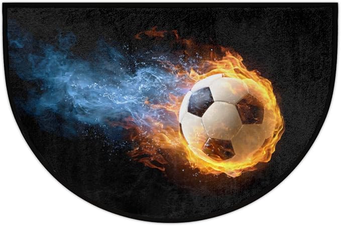 Soccer Half Round Doormat Non-Slip Semi Circle Rug Half Moon Mat | Black Flame Washable Soft Absorbent Indoor Outdoor Entrance Kitchen Bathroom Sink Patio Welcome Fireplace Floor Rug