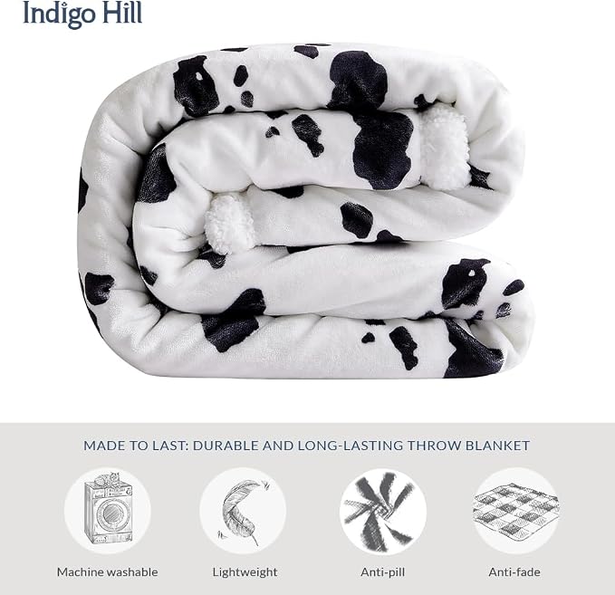 Indigo Hill by HiEnd Accents Elsa Sherpa Cow Print Blanket, Black Cowhide Pattern Rustic Western Throw Blankets for Camping Outdoor, Animal Print Sherpa Fleece Blanket for Couch Sofa Bed, 54x68 inch