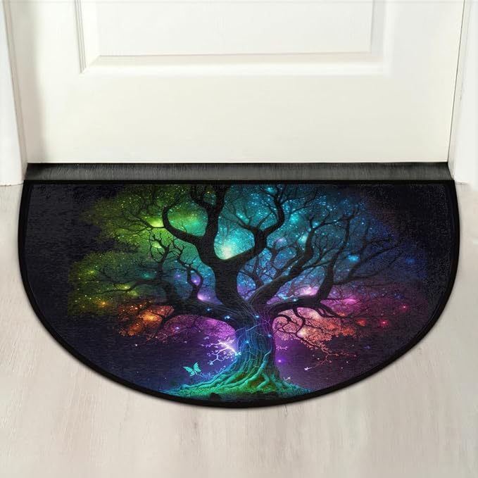 Tree of Life Half Round Door Mat Non Slip Half Circle Rugs | Galaxy Washable Half Moon Rug Semi Circle Rugs Indoor Entrance Floor Carpet for Kithen Bedroom Fireplace Decor