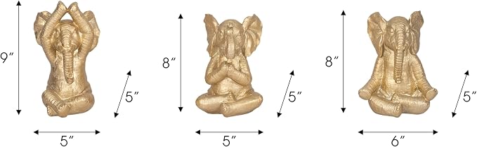 Resin Elephant Figurines Statue Set – Room Decor Accent Trio, Shelf, Desk, or Nightstand Placement – Meditation Pose Symbol of Wisdom and Calm, Home Decor – 8", Gold Finish