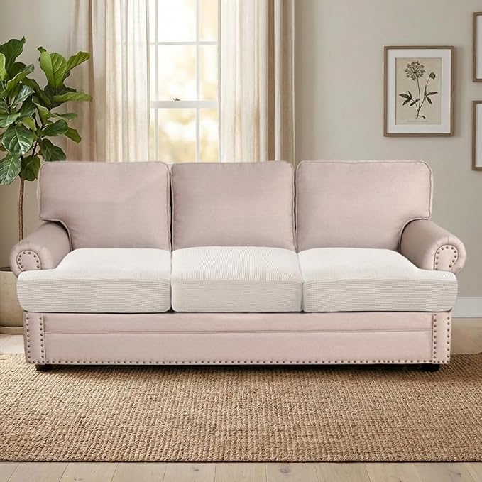H.VERSAILTEX Stretch 3 Piece T Cushion Sofa Slipcovers Individually Sofa Cushion Covers for 3 Cushion Couch Sofa Seat Cushion Covers with Elastic Bands Featuring Thicker Jacquard Fabric, Ivory