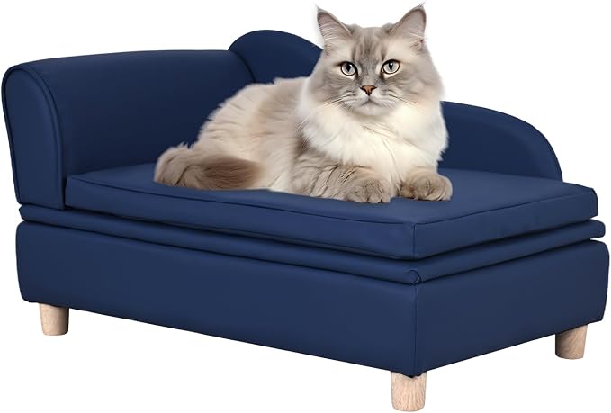 PU Leather Dog Sofa and Chair with Storage - Wooden Frame Cat Sofa Couch with Cushion,Small Pet Bed Sofa for Puppy and Cats (Blue)