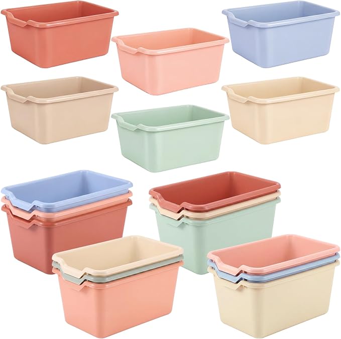 Novabright 12 Pcs Plastic Book Bins for Classroom, Back to School Supplies Library Cubby Bins Scoop Front Stackable Toy Storage Tubs Colorful Containers for Office Home Nursery Playroom Organization
