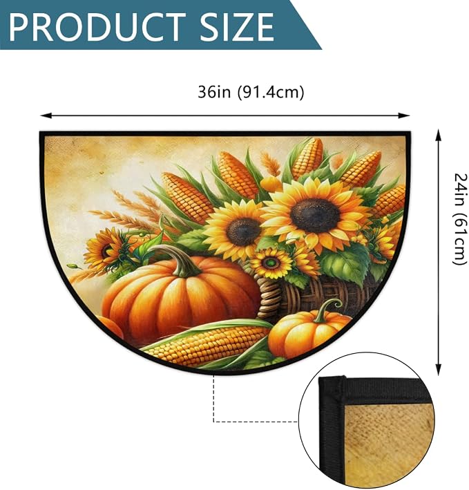 Autumn Pumpkin Half Round Door Mat Semi Moon Rug Fireplace Carpet Area Rugs | Autumn Pumpkin Non Slip Absorbent Half Circle Mat Carpet for Indoor Outdoor Patio Kitchen Bathroom Entryway Home Decor