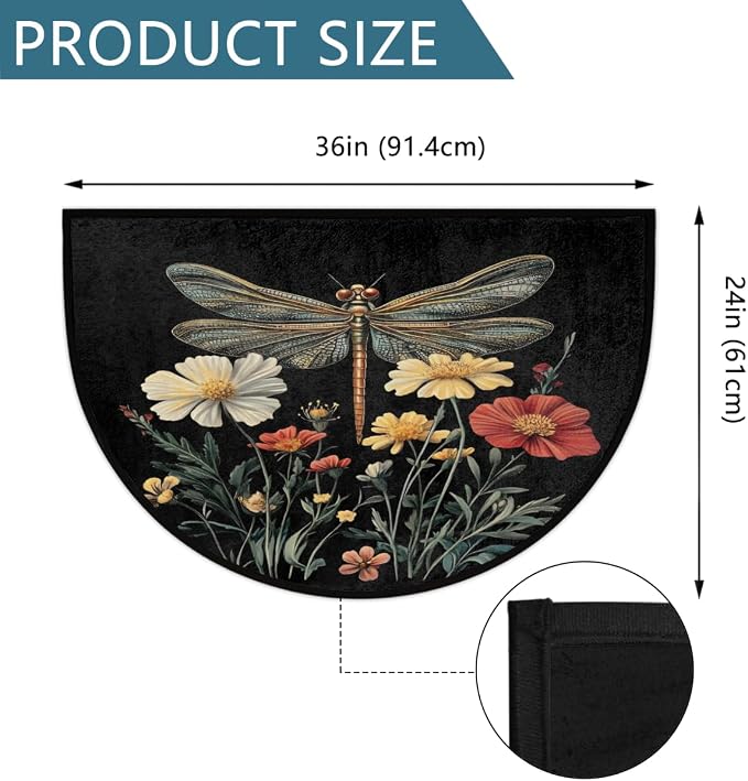 Dragonfly Half Round Door Mat Outdoor Doormat Bedroom Entrance Rug A12 | Dragonfly Flower Floral Semi Moon Door Mat Non-Slip Absorbent Kitchen Rug Indoor Welcome Bath Mat 36" X 24"