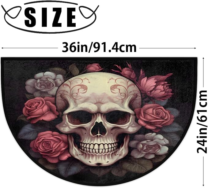 Flower Skull Half Round Door Mat Welcome Entrance Mat Bath Bathroom Rug | Flower Skull Welcome Entrance Mat Anti-Slip Half Moon Bath Mat Semi Circle Rug Indoor Outdoor Kitchen Rug