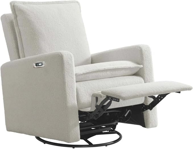 Oxford Baby Uptown Power Upholstered Glider Recliner Rocking Chair 270° Swivel for Nursery and Living Room – Boucle White, Green Guard Gold Certified