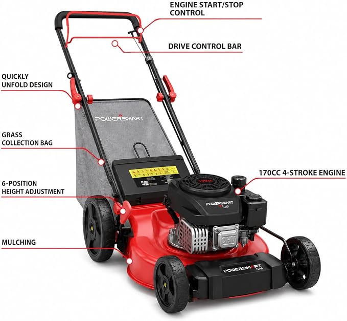 PowerSmart 21-Inch Gas Self-Propelled Lawn Mower | 170cc OHV Engine, Reinforced Steel Deck, 3-in-1 Bagging/Mulching/Rear Discharge, 6 Cutting Heights (1.5"–3.9")