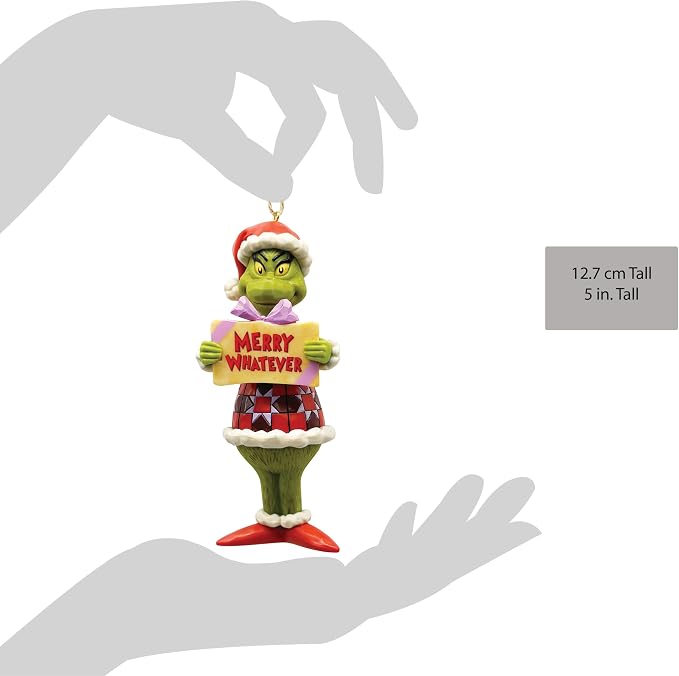 Enesco Dr. Seuss Grinch by Jim Shore Merry Whatever Sign Santa Grinch Hanging Ornament, Hand Crafted, Hand Painted Collectible Christmas Tree Ornaments Home Decor Collection Gift, 5 Inch, Multicolor