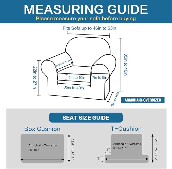 H.VERSAILTEX Stretch Large Armchair Cover 2 Piece Arm Chair Covers for Living Room Arm Chair Furniture Cover Suit for T Cushion/Box Cushion, Spandex Jacquard Fabric(Armchair-Oversized, Taupe)