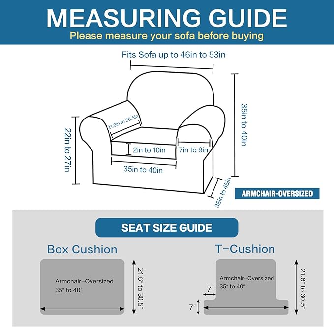 H.VERSAILTEX Stretch 2 Piece Armchair Cover Chair Covers for Living Room Furniture Cover Suit for T Cushion/Box Cushion, Spandex Jacquard Fabric Small Checks(Armchair-Oversized, Natural)