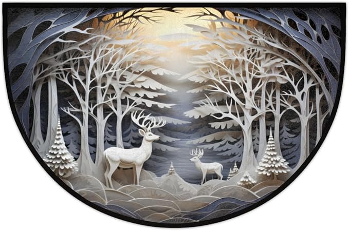 cfpolar Christmas Winter Scene Reindeer Half Round Door Mat Indoor Entrance Half Circle Area Rug Semi Circular Door Mat Half Moon Rug for Floor Bathroom Living Room Bedroom Kitchen Fireplace 24"x36"