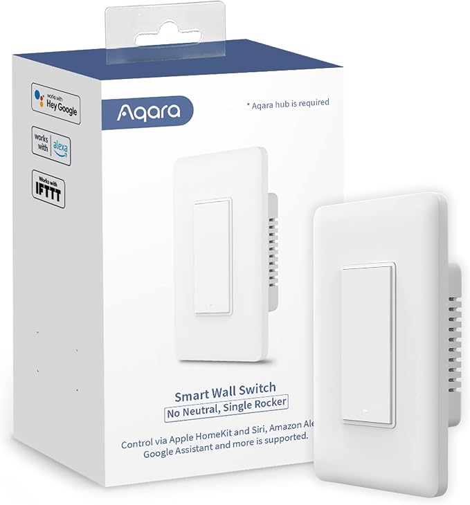 Aqara Smart Light Switch (No Neutral, Single Rocker), Requires AQARA HUB | Zigbee Light Switch, Remote Control and Smart Home Automation, Compatible with HomeKit, Google, Works with Alexa, SmartThings