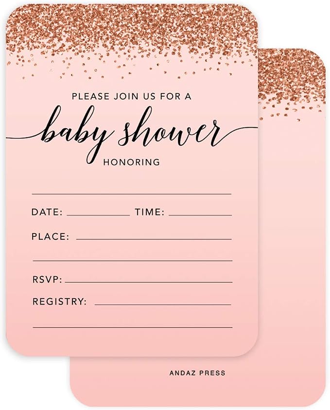 Andaz Press Blush Pink and Rose Gold Glitter Elegant Party Collection, 5x7-inch Invitations with Envelopes, Baby Shower, 24-Pack, Double Sided Printing, Heavy Card Stock, Includes Envelopes