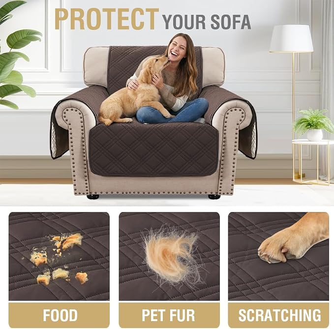 H.VERSAILTEX 100% Waterproof Arm Chair Covers Modern Sofa Chair Covers for Pets Stay in Place Furniture Protector with Elastic Straps(Chair,Chocolate/Beige)