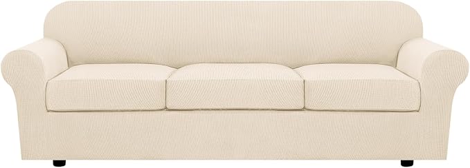 H.VERSAILTEX 4 Piece Stretch Sofa Covers for 3 Cushion Couch Furniture Slipcovers for Living Room (1 Base Cover Plus 3 Seat Cushion Covers) Jacquard Fabric Cover (XL Sofa, Cream)