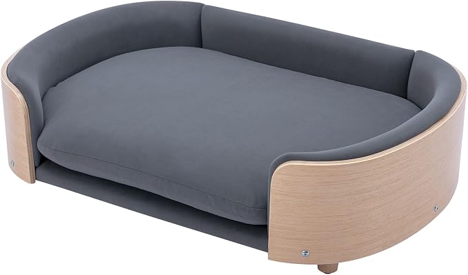Hayaz Dog Bed Pet Sofa, House Dog Cat Bed, Large Size Pet Bed with Solid Wood Frame & Washable Velvet Cushion, Modern Pet Furniture for Cats and Small to Medium Dogs, Dark Gray+Natural