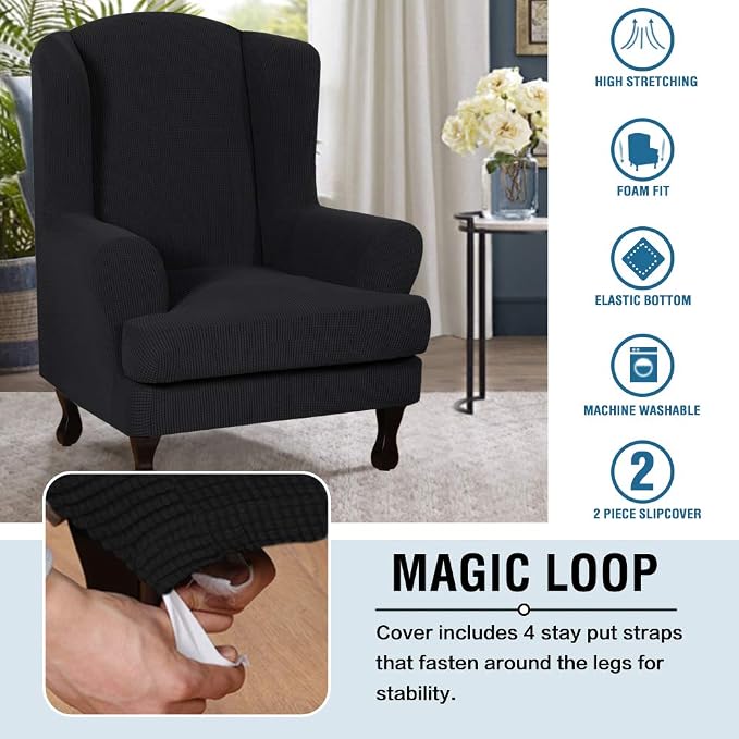 H.VERSAILTEX 2 Piece Stretch Jacquard Wingback Chair Covers Slipcovers Wing Chair Covers (Base Cover Plus Seat Cushion Cover) Furniture Covers for Wingback Chairs, Form Fitted Thick Soft, Black