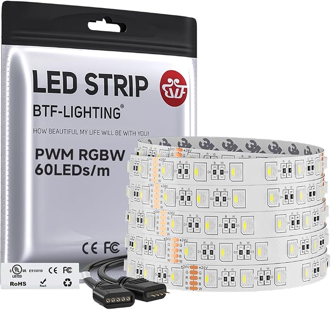 BTF-LIGHTING RGBW LED Strip Lights,UL Listed,5050 4 Colors in 1 RGB + 6000K-7000K Cool White,12V DC,16.4ft/5m 60LEDs/m 12mm White PCB,IP30 for Home Decoration(No Adapter or Controller)