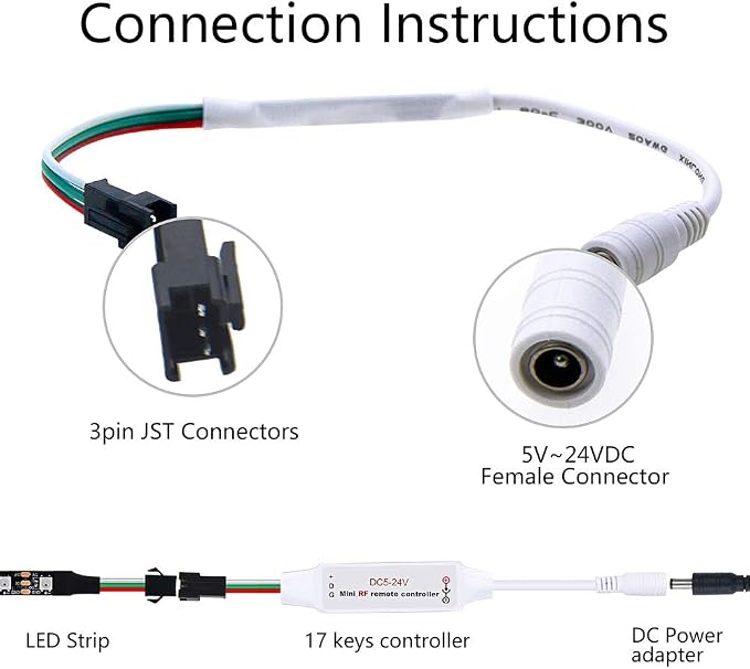ALITOVE WS2812B WS2811 Addressable LED Controller RF Remote Wireless Mini Controller 5~24V DC for WS2812 WS2811 Dream Color Rainbow RGB LED Pixel Strip Panel Light, 3pin JST Connector 200 Color Modes