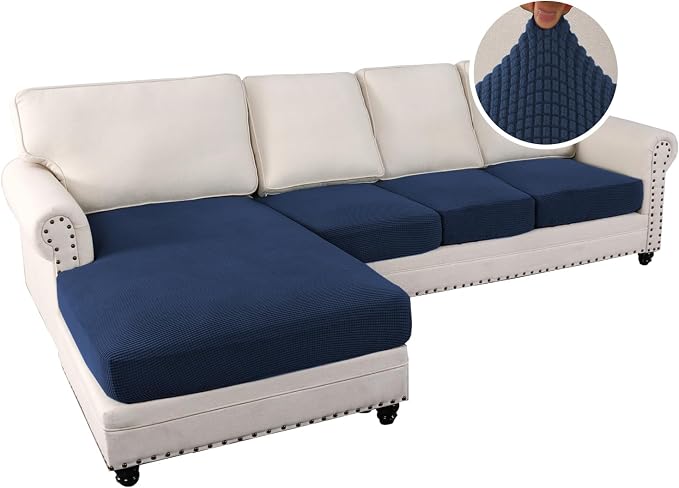 H.VERSAILTEX Sectional Couch Covers 4 Pieces Sofa Seat Cushion Covers L Shape Separate Cushion Couch Chaise Cover for Both Left/Right Sectional Couch (Seat Only: 1 Chaise + 3 Sofa, Navy)