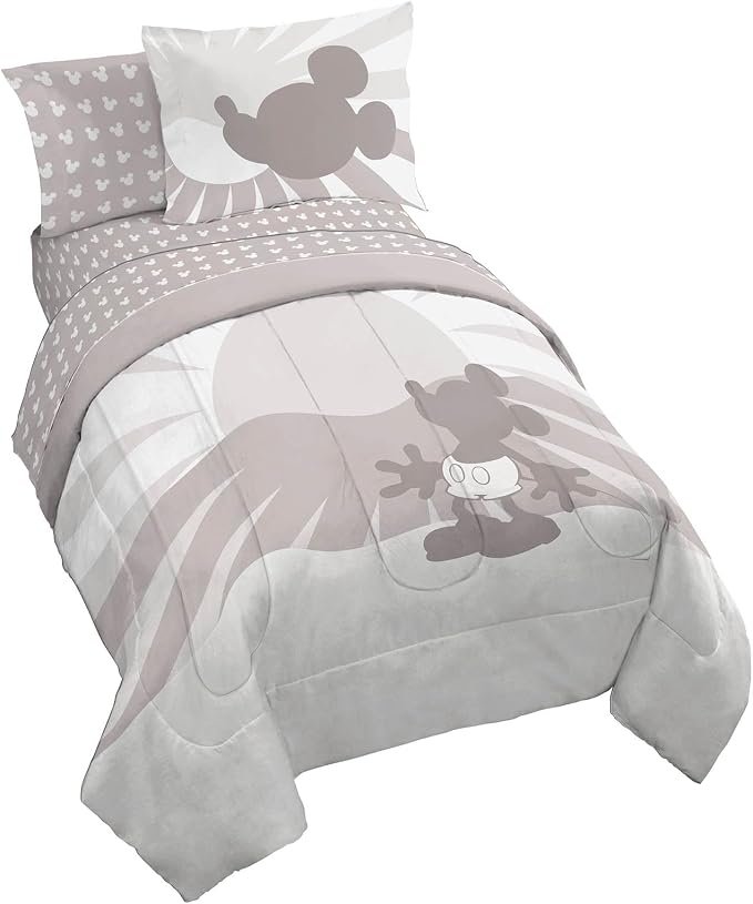 Disney Mickey Mouse Full Comforter Set 7 Piece Cartoon Bedding, Grey | Bed in a Bag, Comforter Sheets Shams Pillowcases, Official Product, Soft Microfiber, Machine Washable, Kids Gift