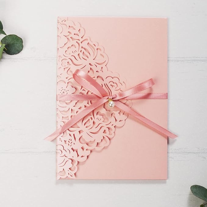 50PCS Pink Blank Quinceanera Invitation Cards with Envelopes 5x7.3 Inch Laser Cut Hollow Rose Pocket with Ribbon invitations for Quincenera Birthday Invite