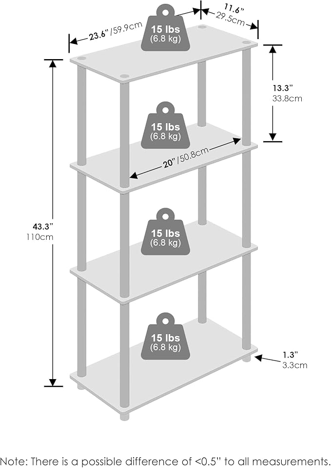 Furinno Turn-N-Tube Book Shelf, 4-Tier Bookshelf, Bookcase with Multipurpose Compact Display Rack, 11.6 x 23.6 x 43.2, for Living Room, Bedroom, Home Office, Dark Walnut