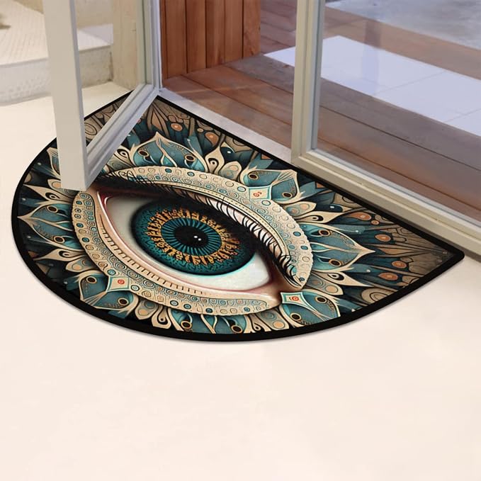 Pardick Evil Eye Half Round Doormat Boho Eye Semi Circle Area Rug Non Slip Indoor Outdoor Entrance Half Moon Rug Absorbent Durable Washable Front Floor Mat for Kitchen Bedroom Patio Fireplace Eye Pad
