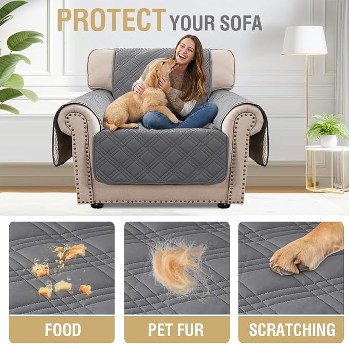 H.VERSAILTEX 100% Waterproof Chair Covers for Living Room Armchair Modern Couch Cover Furniture Protector Cover with Elastic Straps for Pets Kids Children Dog Cat(Chair, Grey/Beige)