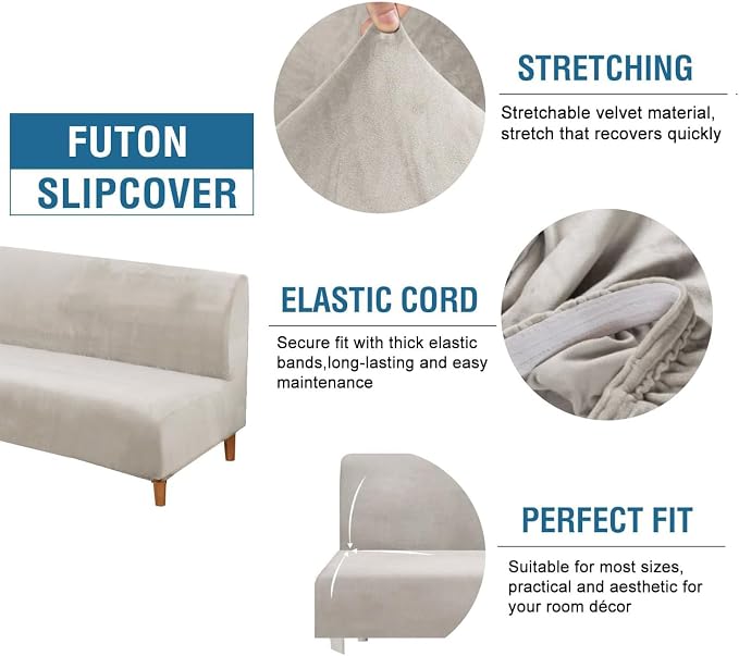 H.VERSAILTEX Real Velvet Futon Cover Armless Sofa Covers Sofa Bed Covers Stretch Futon Couch Cover Sofa Slipcover Furniture Protector Thick Soft Cozy Velvet Fabric Form Fitted Stay in Place, Oatmeal