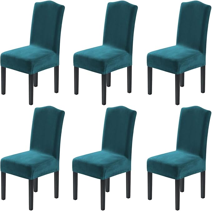 H.VERSAILTEX Velvet Dining Chair Covers Stretch Chair Covers for Dining Room Set of 6 Parson Chair Slipcovers Chair Protectors Covers Dining, Soft Thick Solid Velvet Fabric Washable, Deep Teal