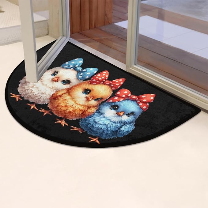 Half Round Doormat Colorful Animal Chick Washable Semi Circle Mat Non Slip Absorbent Half Moon Rugs for Indoor Outdoor Entrance Kitchen Bathroom Bedroom Patio Fireplace Floor Carpet Decor