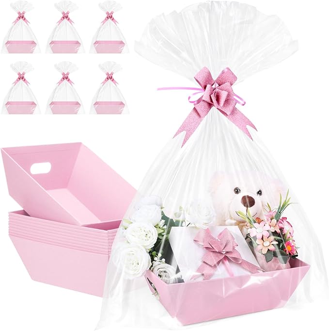 AFOROEOA 10PACK Pink Baskets For Gifts Empty, 10x12” Thick Gift Basket with 10 Bows 10 Bags Empty Gift Baskets for Christmas, Valentine’s Day, Easter, Birthdays, Valentine’s Day Wrapping Gift