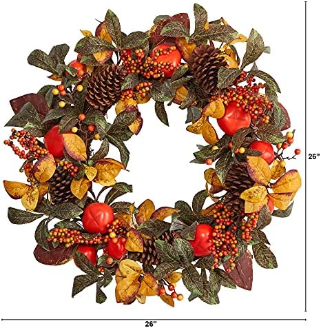 Nearly Natural 26 in Autumn Maple, Persimmons, and Pinecones Fall Wreath - Image 3