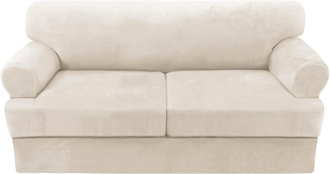H.VERSAILTEX Sofa Cover 3 Piece T Cushion Sofa Slipcovers Thick Velvet Couch Cover Furniture Protector Stretch Sofa Covers for 2 Cushion Couch with 2 Individual T Cushion Covers Washable, Ivory