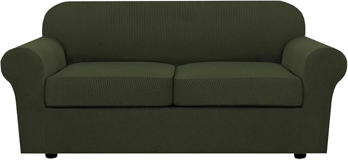 H.VERSAILTEX 3 Piece Stretch Sofa Covers for 2 Cushion Loveseat Couch Covers for Living Room Sofa (Base Cover Plus 2 Seat Cushion Covers) Thicker Jacquard Fabric (Medium Sofa, Olive)