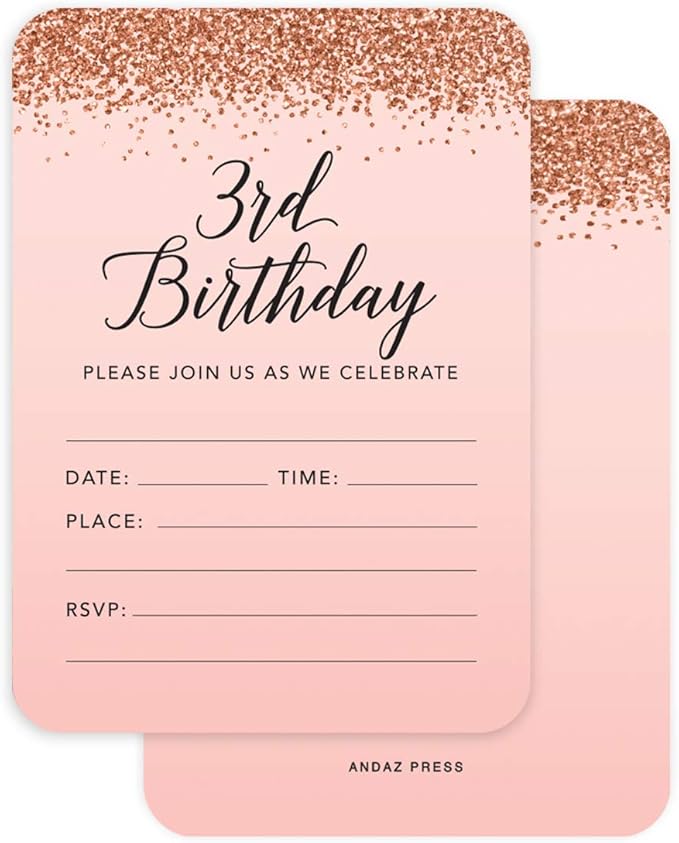 Andaz Press Blush Pink and Rose Gold Glitter Elegant Party Collection, 5x7-inch Invitations with Envelopes, 3rd Birthday, 24-Pack, Double Sided Printing, Heavy Card Stock, Includes Envelopes