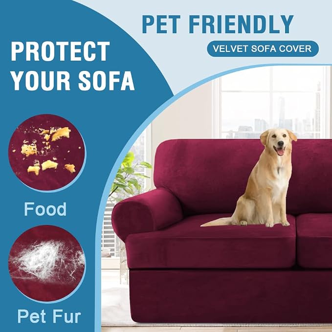 H.VERSAILTEX Sofa Cover 4 Piece T Cushion Sofa Slipcovers Thick Velvet Couch Cover Furniture Protector Stretch T Cushion Sofa Covers for 3 Cushion Couch with 3 Individual T Cushion Covers, Burgundy