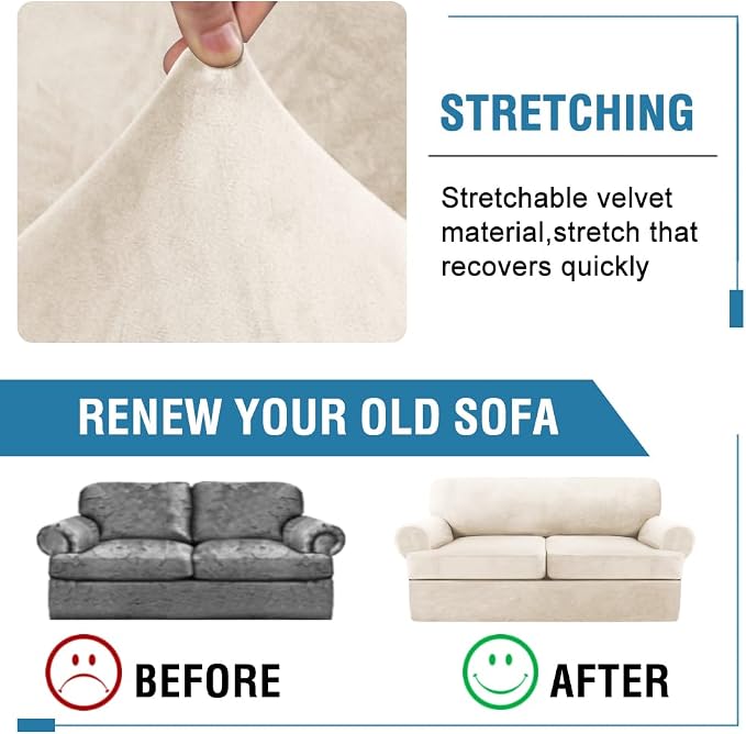 H.VERSAILTEX Sofa Cover 3 Piece Loveseat Slipcovers Thick Velvet Couch Cover Furniture Protector Stretch Sofa Covers for 2 Cushion Couch with 2 Individual T Cushion Covers Washable, Ivory